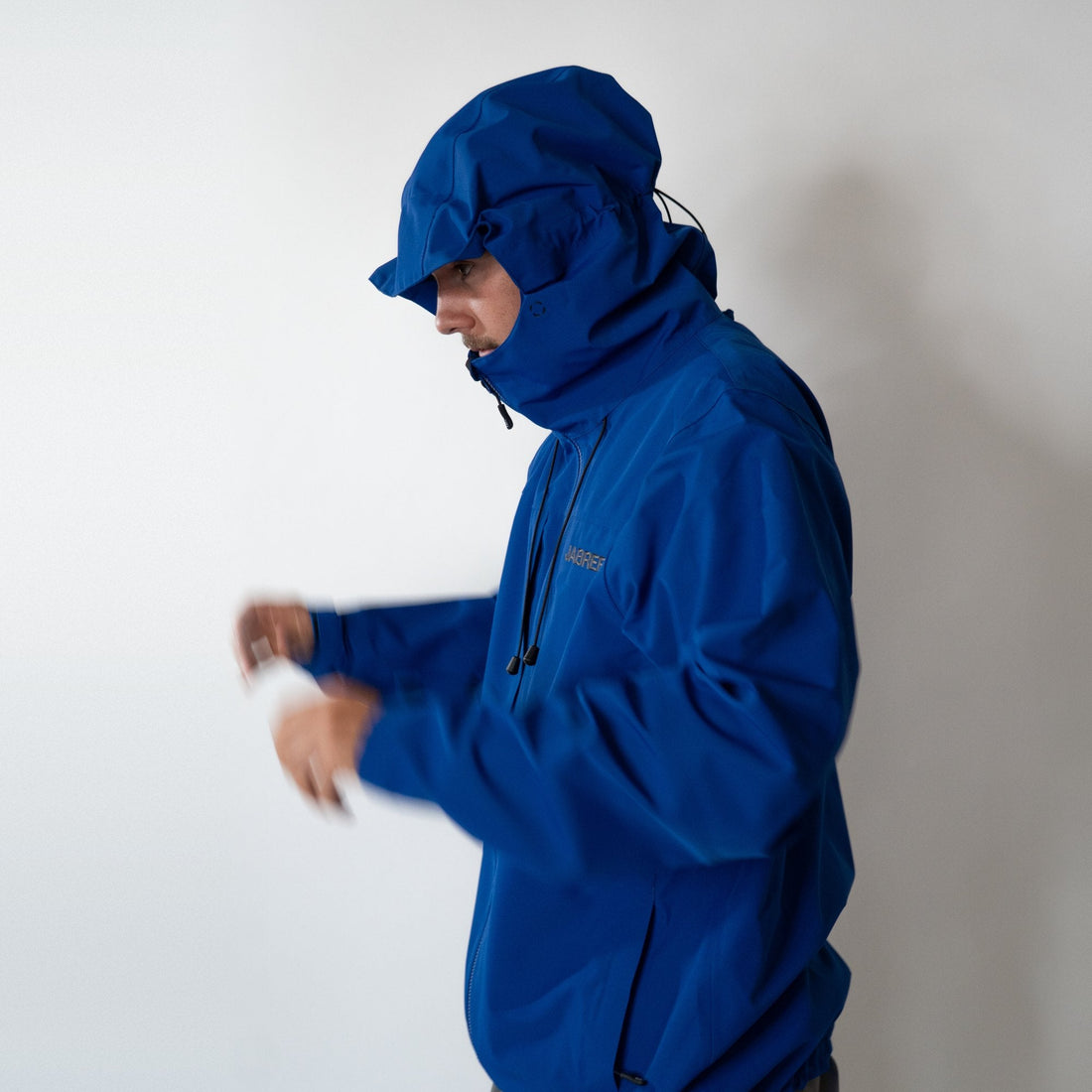 Cobalt Blue Jabshell Jacket, side, hood up