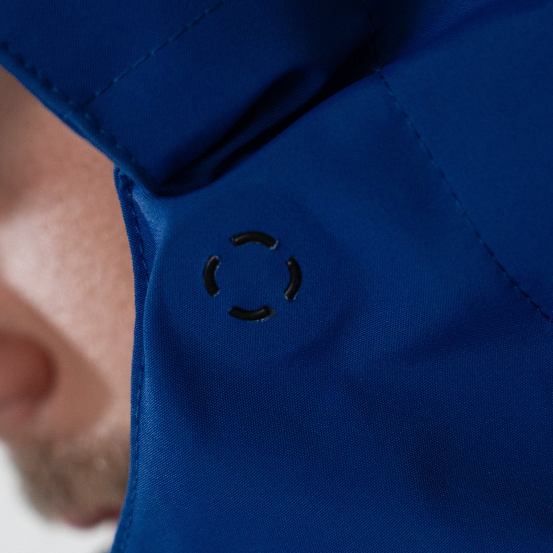 Cobalt Blue Jabshell Jacket, hood snap detail