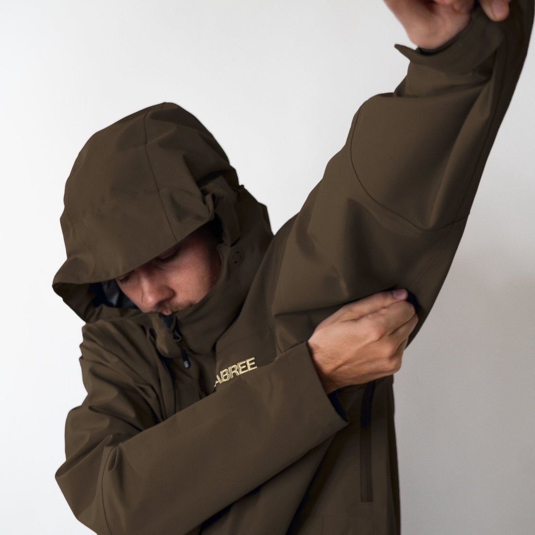 Coffee Brown Jabshell Jacket, pit zip open, hood up